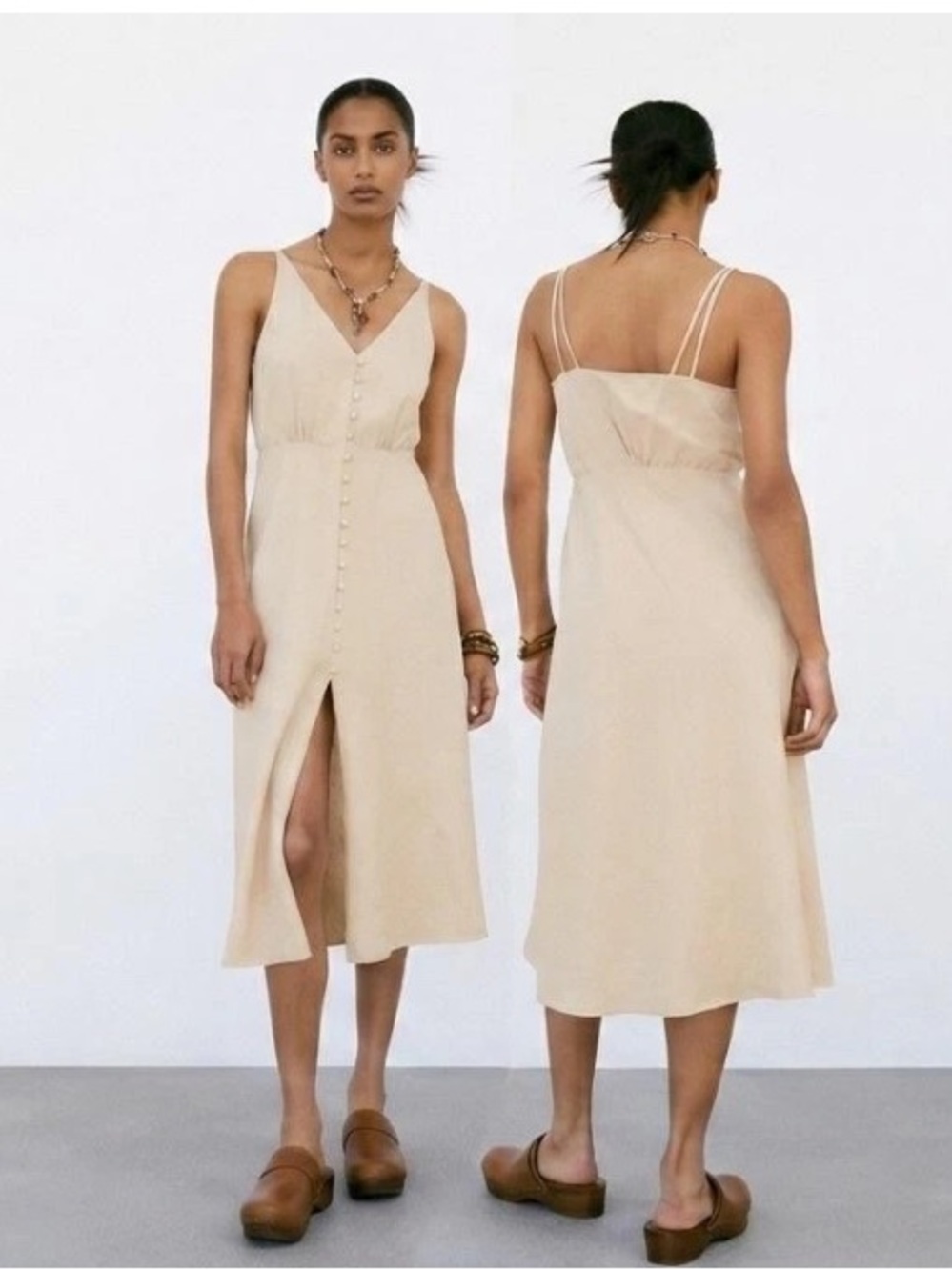 Zara Beige Spaghetti-Strap Midi Dress with Front Buttons